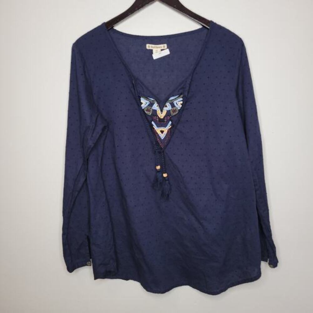 Ruff Hewn Blouse Top Women M Blue Beaded Boho Hippie Shear Lightweight